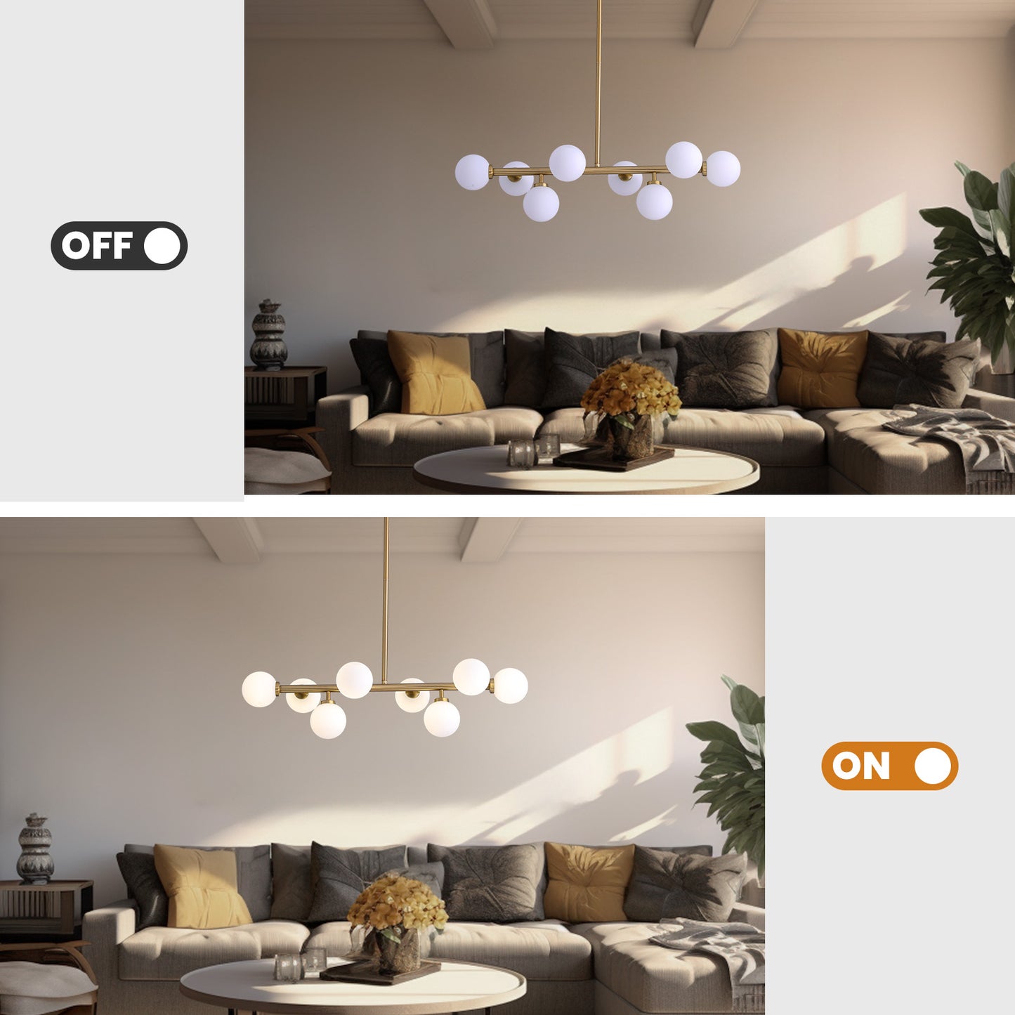 32 in. 8-Light Modern Dimmable Bubble Glass Sputnik Gold Glass Globe Chandelier for Dining Room and Living Room