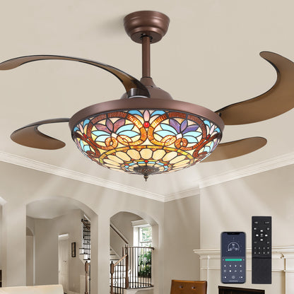 48 in etractable Fandelier Tiffany Ceiling Fan Chandelier with Lights Large Fandelier Stainglass Light Dimmable
