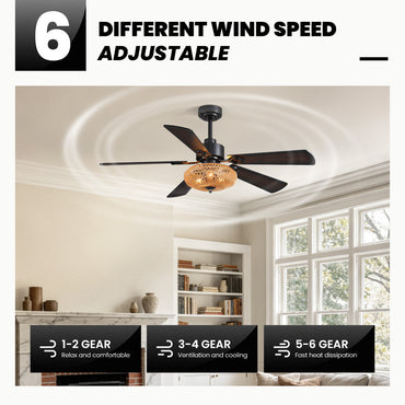 Boho Black Rattan Ceiling Fans with Lights and Remote Control, Farmhouse Caged Rattan Ceiling Fan for Dining Room, Bedroom, Living Room and Patio, Indoor/Outdoor