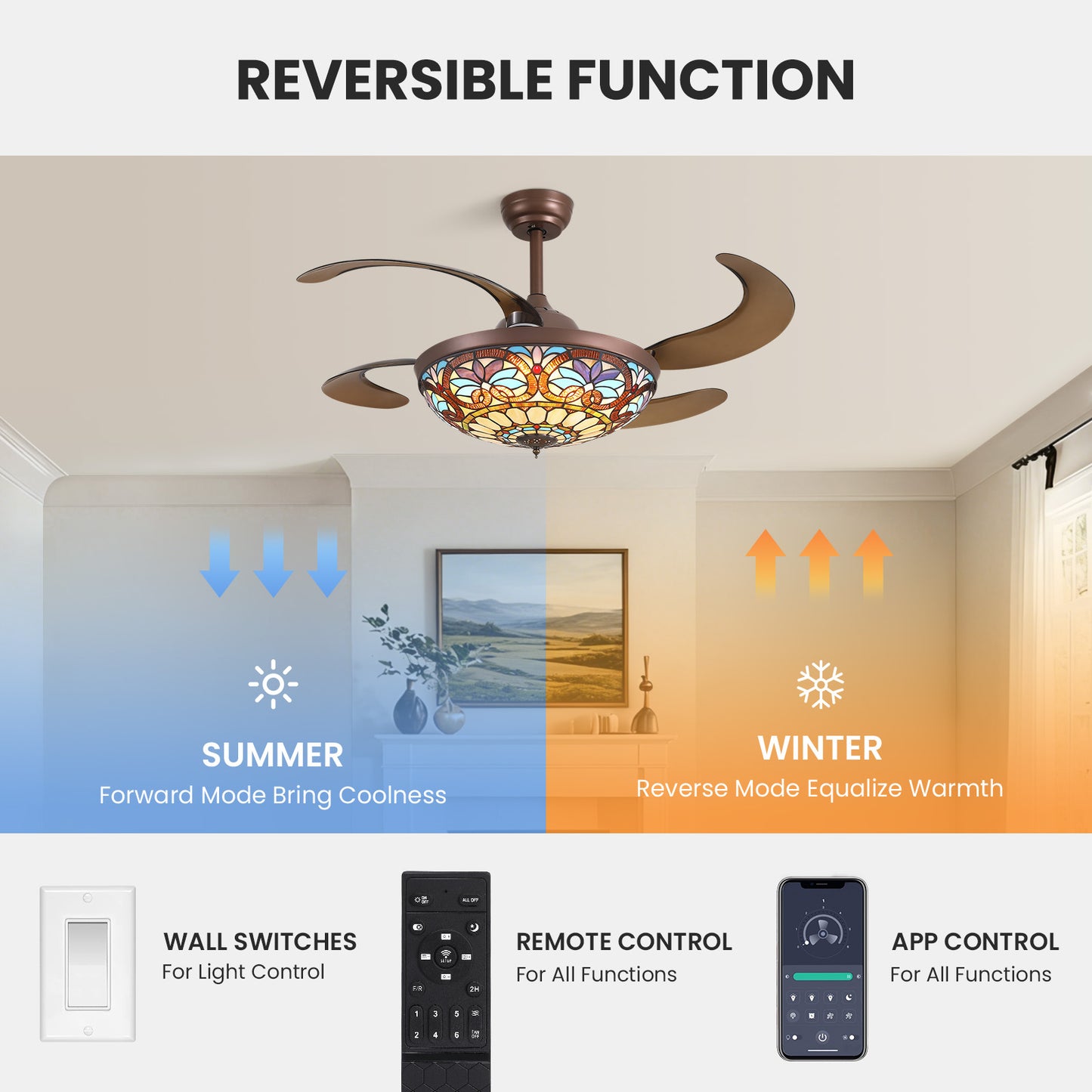 48 in etractable Fandelier Tiffany Ceiling Fan Chandelier with Lights Large Fandelier Stainglass Light Dimmable