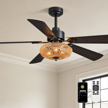 Boho Black Rattan Ceiling Fans with Lights and Remote Control, Farmhouse Caged Rattan Ceiling Fan for Dining Room, Bedroom, Living Room and Patio, Indoor/Outdoor