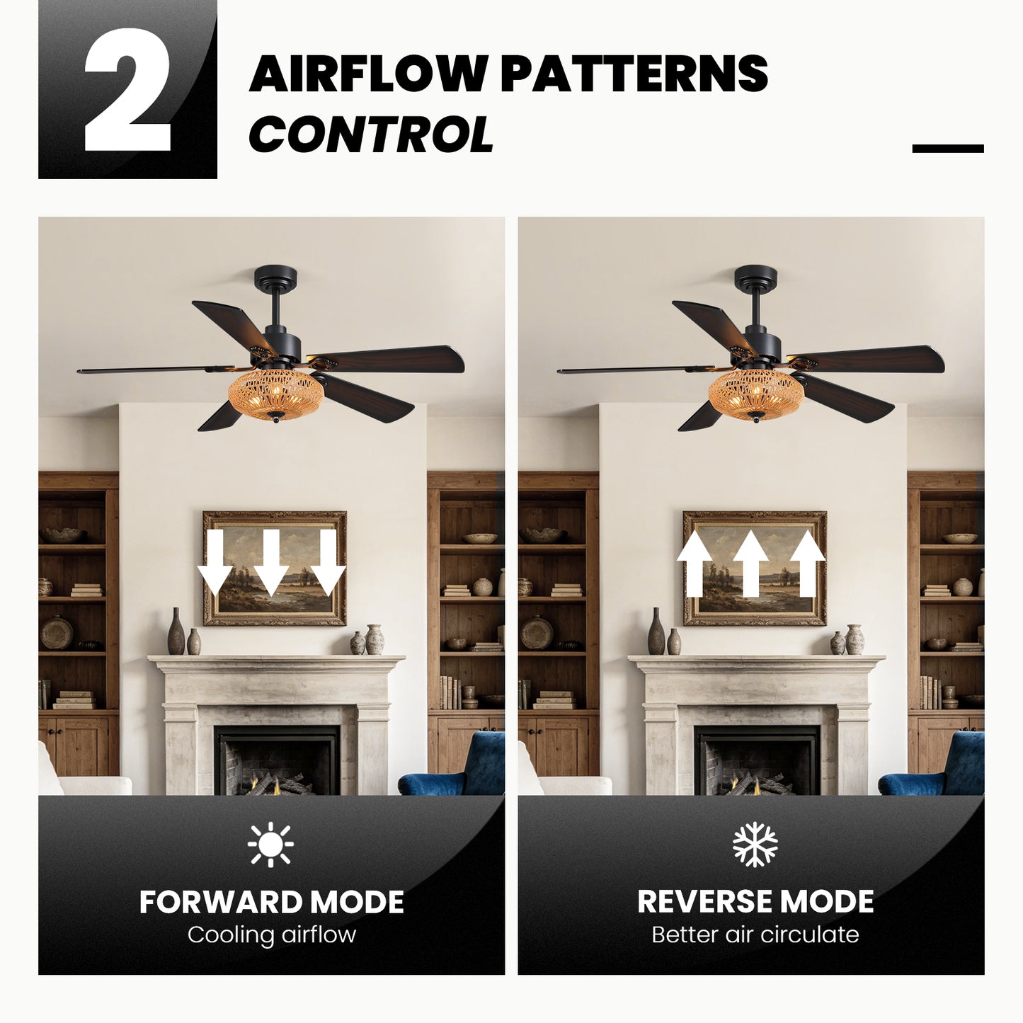 Boho Black Rattan Ceiling Fans with Lights and Remote Control, Farmhouse Caged Rattan Ceiling Fan for Dining Room, Bedroom, Living Room and Patio, Indoor/Outdoor