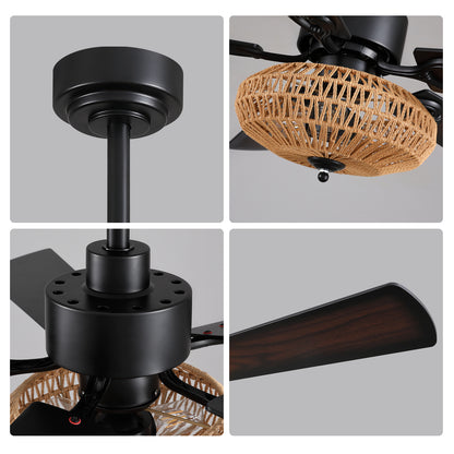 Boho Black Rattan Ceiling Fans with Lights and Remote Control, Farmhouse Caged Rattan Ceiling Fan for Dining Room, Bedroom, Living Room and Patio, Indoor/Outdoor