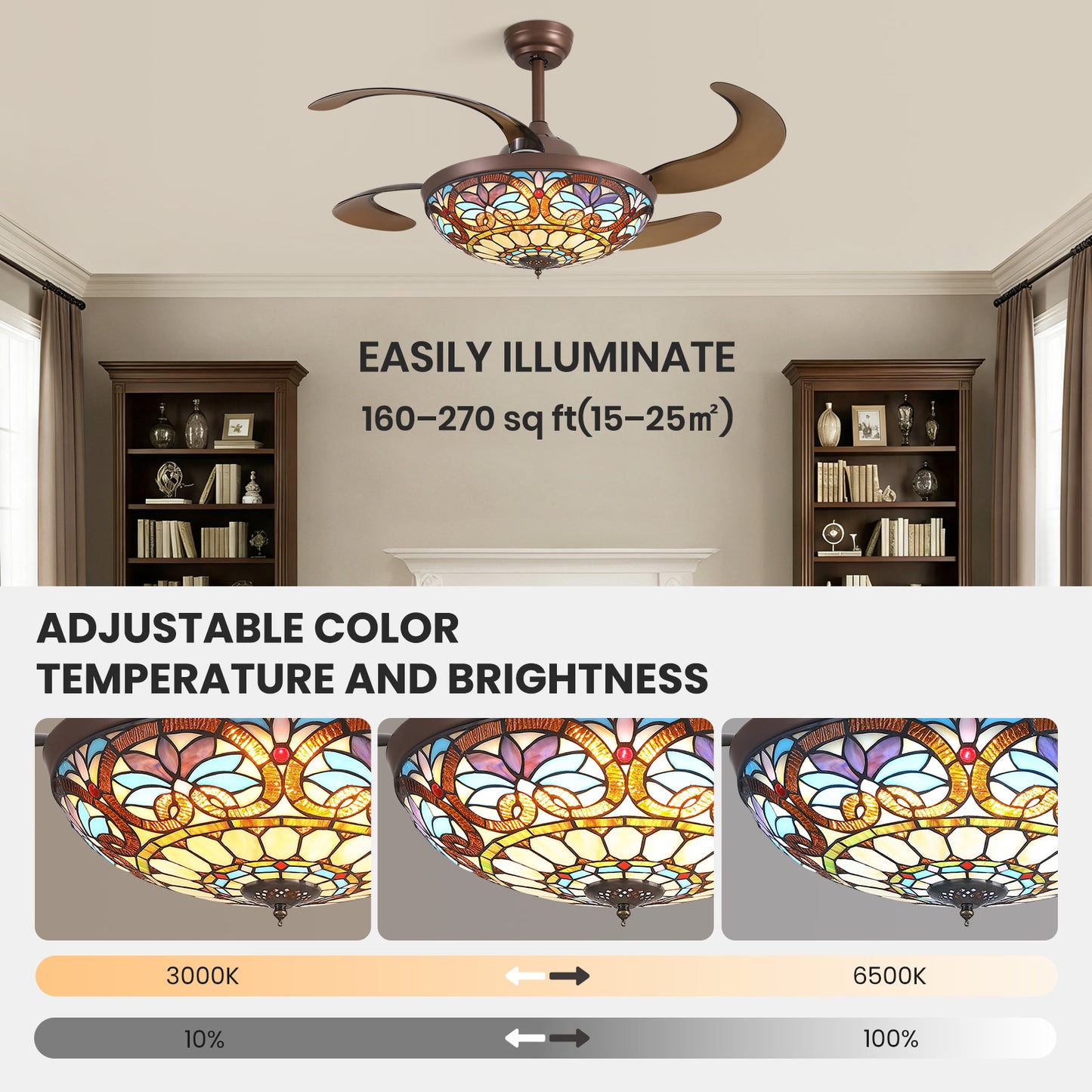 48 in etractable Fandelier Tiffany Ceiling Fan Chandelier with Lights Large Fandelier Stainglass Light Dimmable