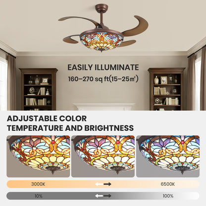 48 in etractable Fandelier Tiffany Ceiling Fan Chandelier with Lights Large Fandelier Stainglass Light Dimmable