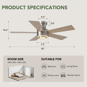 42 in. Smart Indoor Modern Nickel Reversible 5 Blades Low Profile Ceiling Fans with Dimmable Led and Remote Included