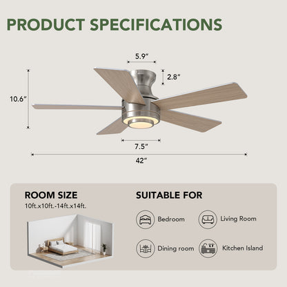 42 in. Smart Indoor Modern Nickel Reversible 5 Blades Low Profile Ceiling Fans with Dimmable Led and Remote Included