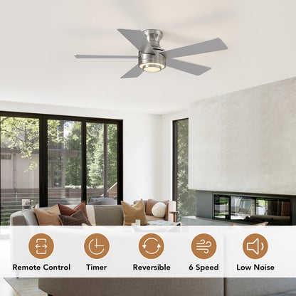 42 in. Smart Indoor Modern Nickel Reversible 5 Blades Low Profile Ceiling Fans with Dimmable Led and Remote Included