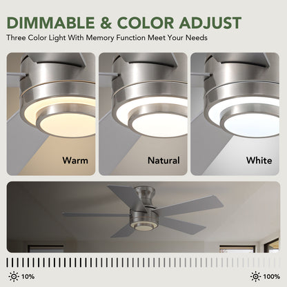 42 in. Smart Indoor Modern Nickel Reversible 5 Blades Low Profile Ceiling Fans with Dimmable Led and Remote Included