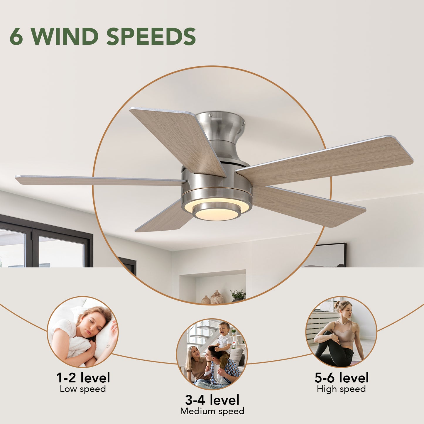 42 in. Smart Indoor Modern Nickel Reversible 5 Blades Low Profile Ceiling Fans with Dimmable Led and Remote Included