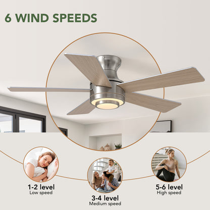 42 in. Smart Indoor Modern Nickel Reversible 5 Blades Low Profile Ceiling Fans with Dimmable Led and Remote Included