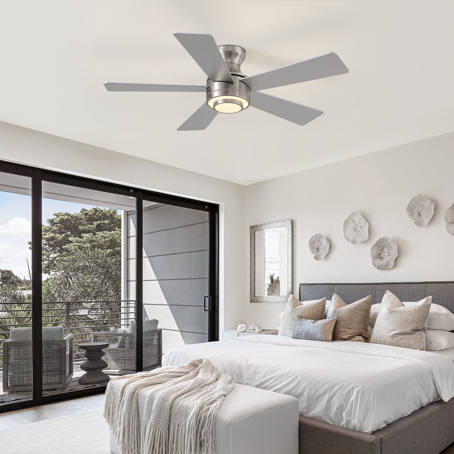 42 in. Smart Indoor Modern Nickel Reversible 5 Blades Low Profile Ceiling Fans with Dimmable Led and Remote Included