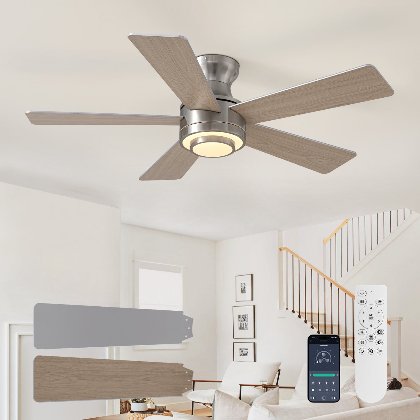 42 in. Smart Indoor Modern Nickel Reversible 5 Blades Low Profile Ceiling Fans with Dimmable Led and Remote Included