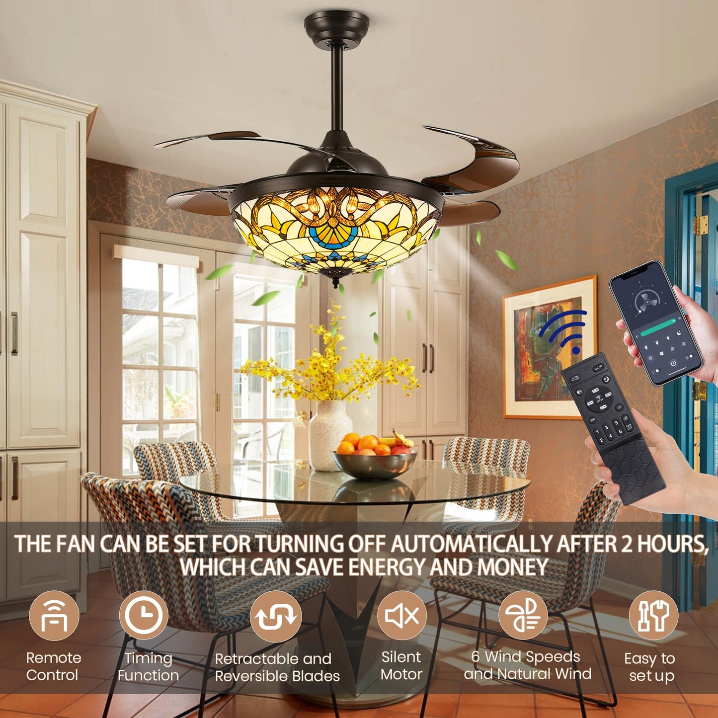 42 in Tiffany Stained Glass Ceiling Fan with Light - Retractable, Remote Control