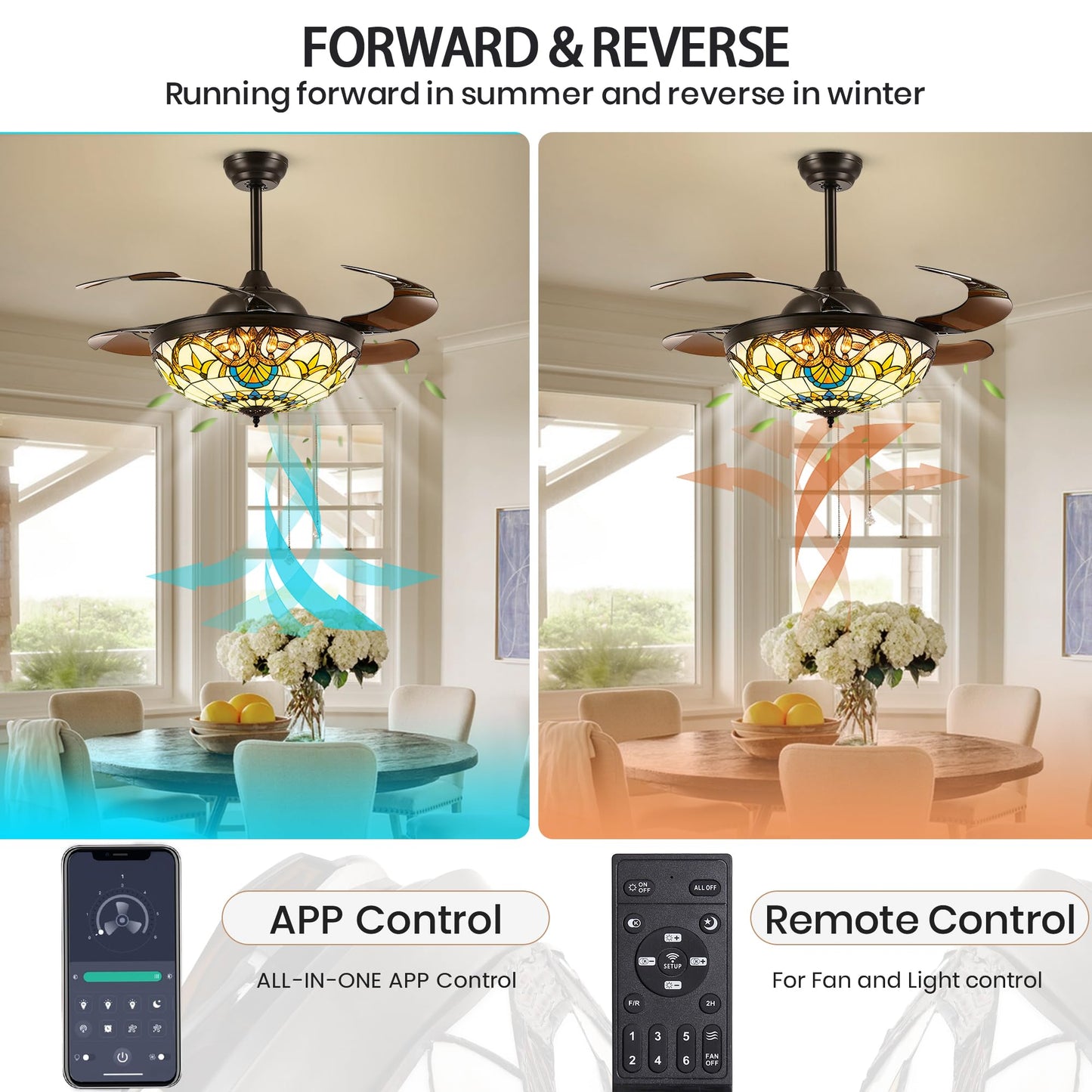 42 in Tiffany Stained Glass Ceiling Fan with Light - Retractable, Remote Control
