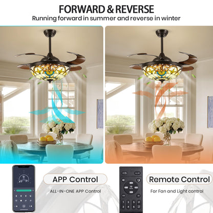 42 in Tiffany Stained Glass Ceiling Fan with Light - Retractable, Remote Control