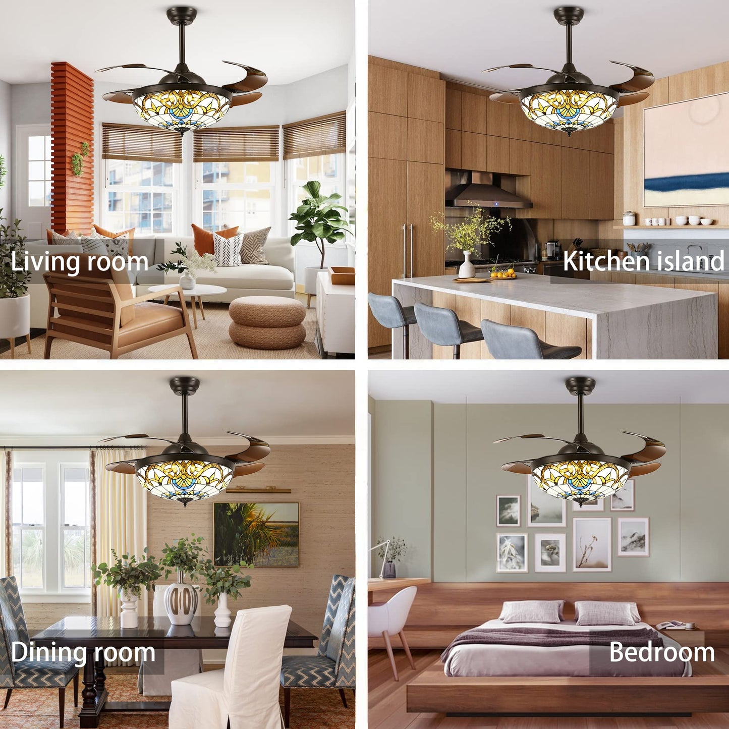 42 in Tiffany Stained Glass Ceiling Fan with Light - Retractable, Remote Control