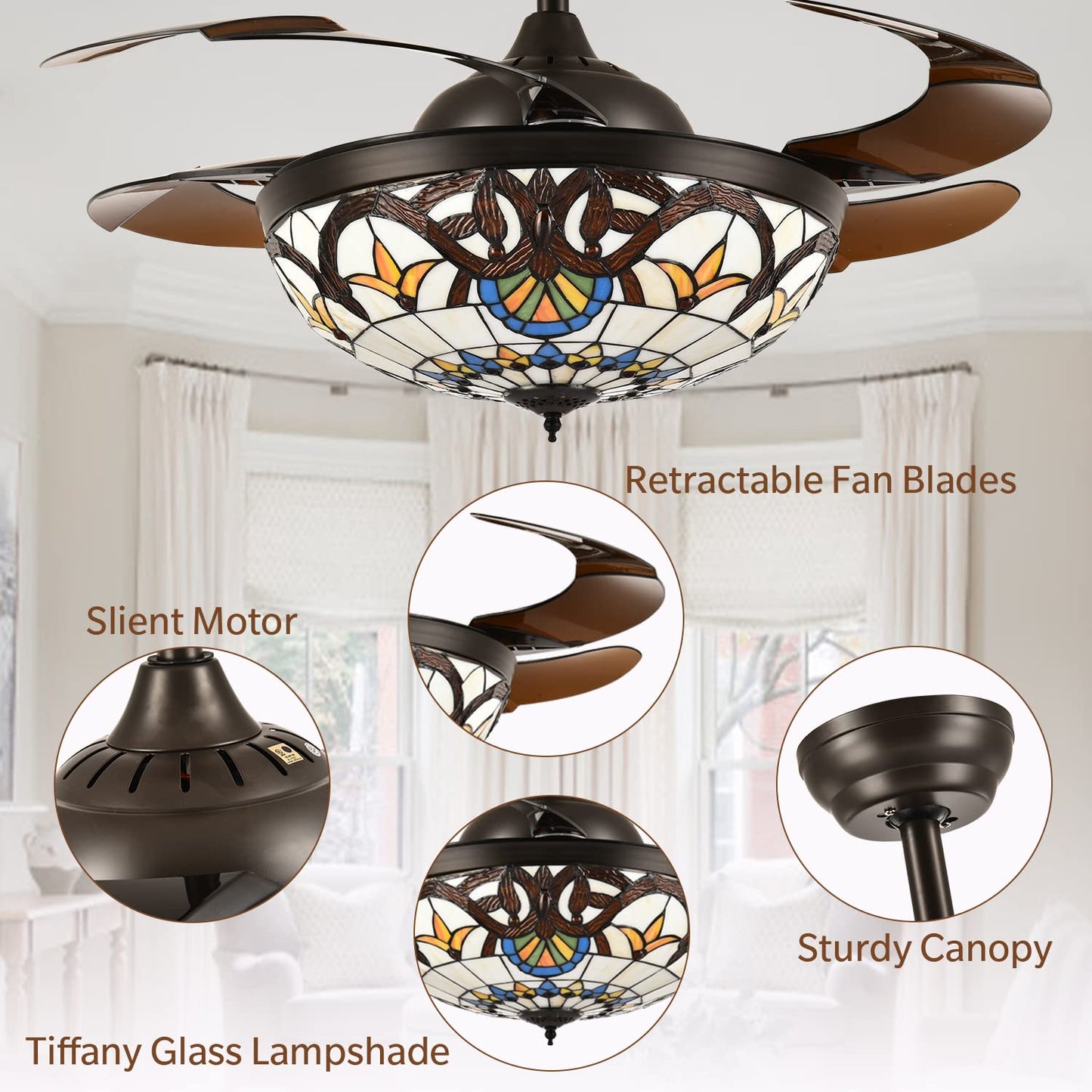 42 in Tiffany Stained Glass Ceiling Fan with Light - Retractable, Remote Control