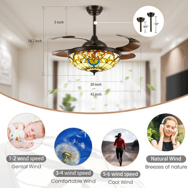 42 in Tiffany Stained Glass Ceiling Fan with Light - Retractable, Remote Control