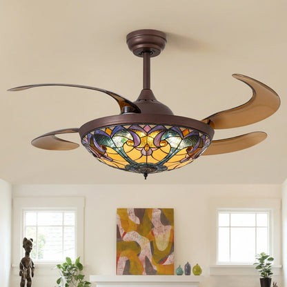 48in Indoor Tiffany Stained Glass Retractable Ceiling Fan Vintage Fandelier with Remote/APP