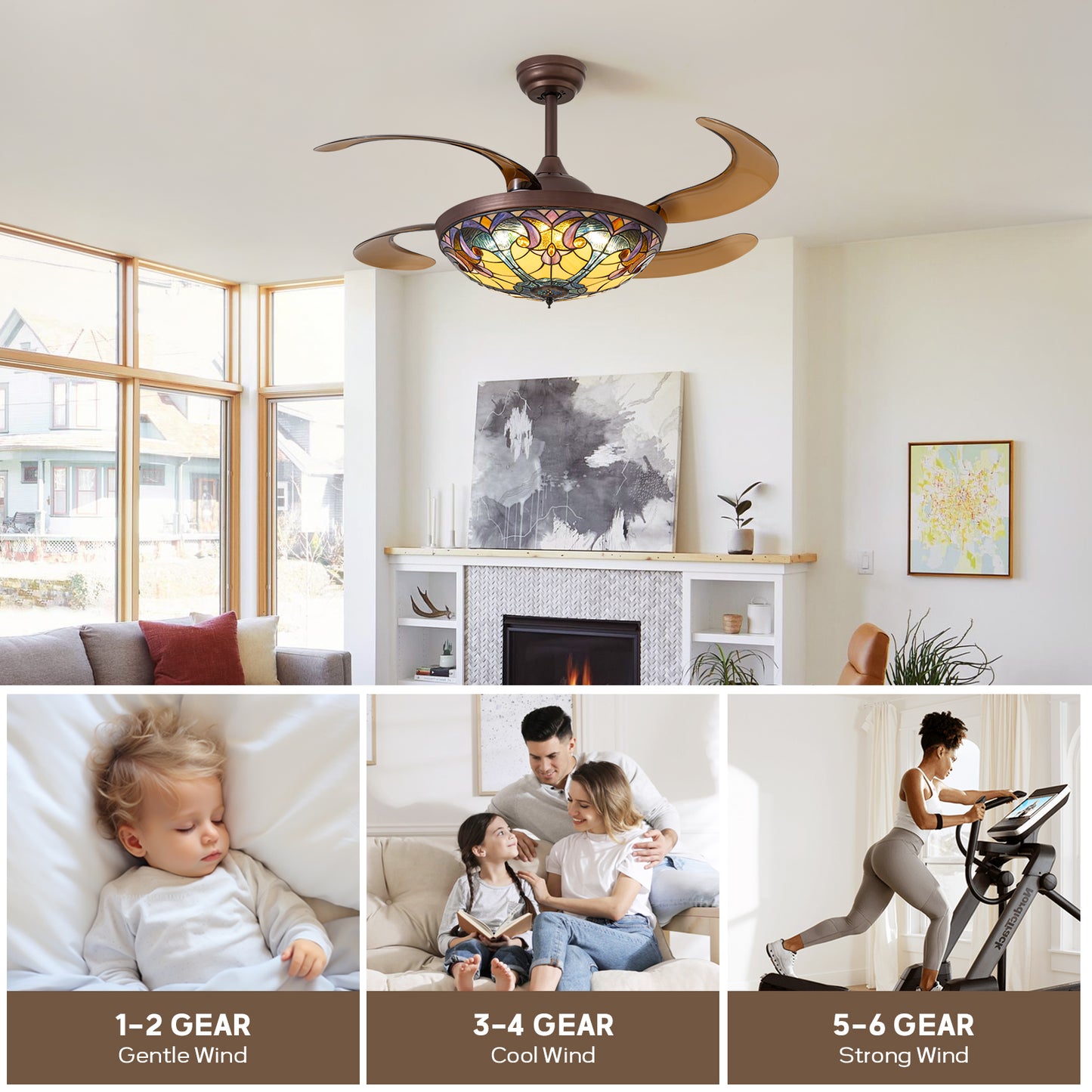 48in Indoor Tiffany Stained Glass Retractable Ceiling Fan Vintage Fandelier with Remote/APP