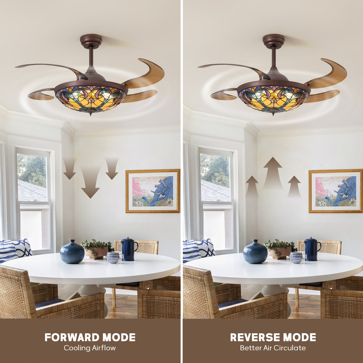 48in Indoor Tiffany Stained Glass Retractable Ceiling Fan Vintage Fandelier with Remote/APP
