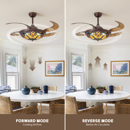 48in Indoor Tiffany Stained Glass Retractable Ceiling Fan Vintage Fandelier with Remote/APP