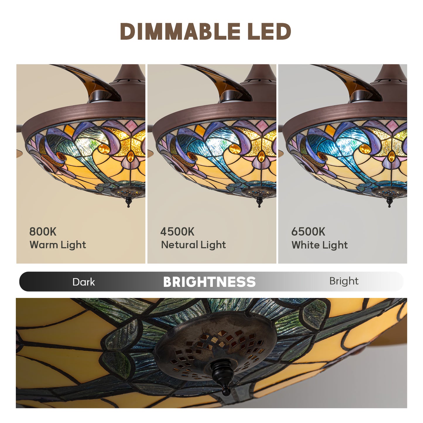 48in Indoor Tiffany Stained Glass Retractable Ceiling Fan Vintage Fandelier with Remote/APP