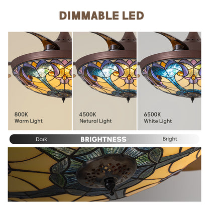 48in Indoor Tiffany Stained Glass Retractable Ceiling Fan Vintage Fandelier with Remote/APP