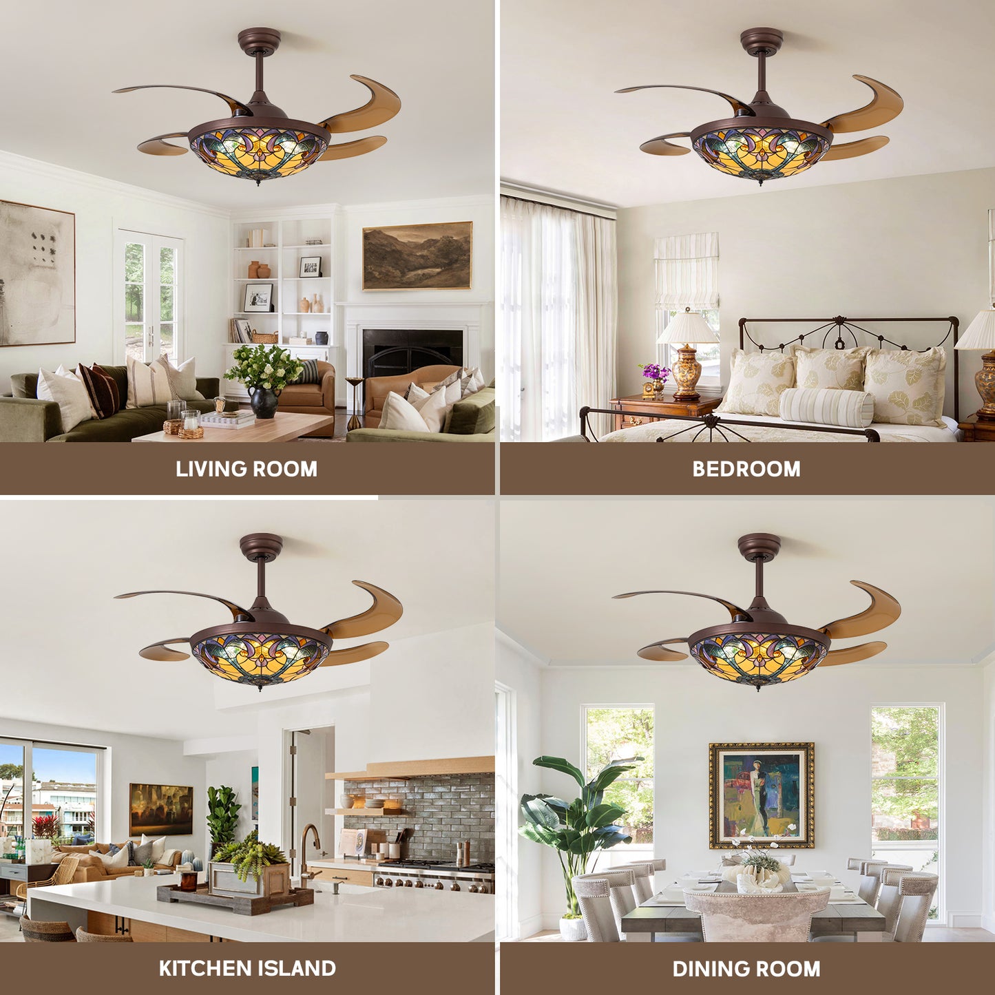 48in Indoor Tiffany Stained Glass Retractable Ceiling Fan Vintage Fandelier with Remote/APP