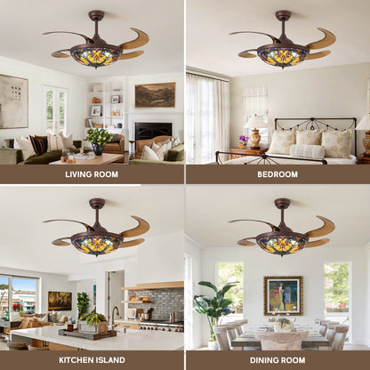 48in Indoor Tiffany Stained Glass Retractable Ceiling Fan Vintage Fandelier with Remote/APP