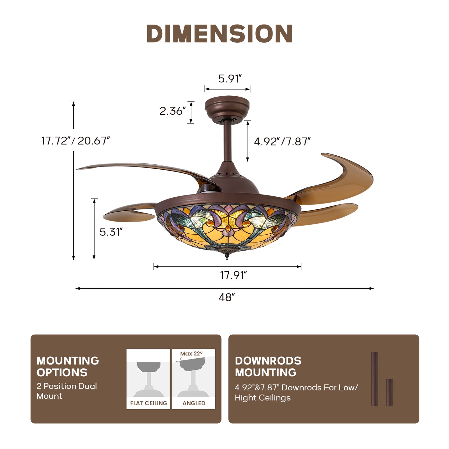 48in Indoor Tiffany Stained Glass Retractable Ceiling Fan Vintage Fandelier with Remote/APP
