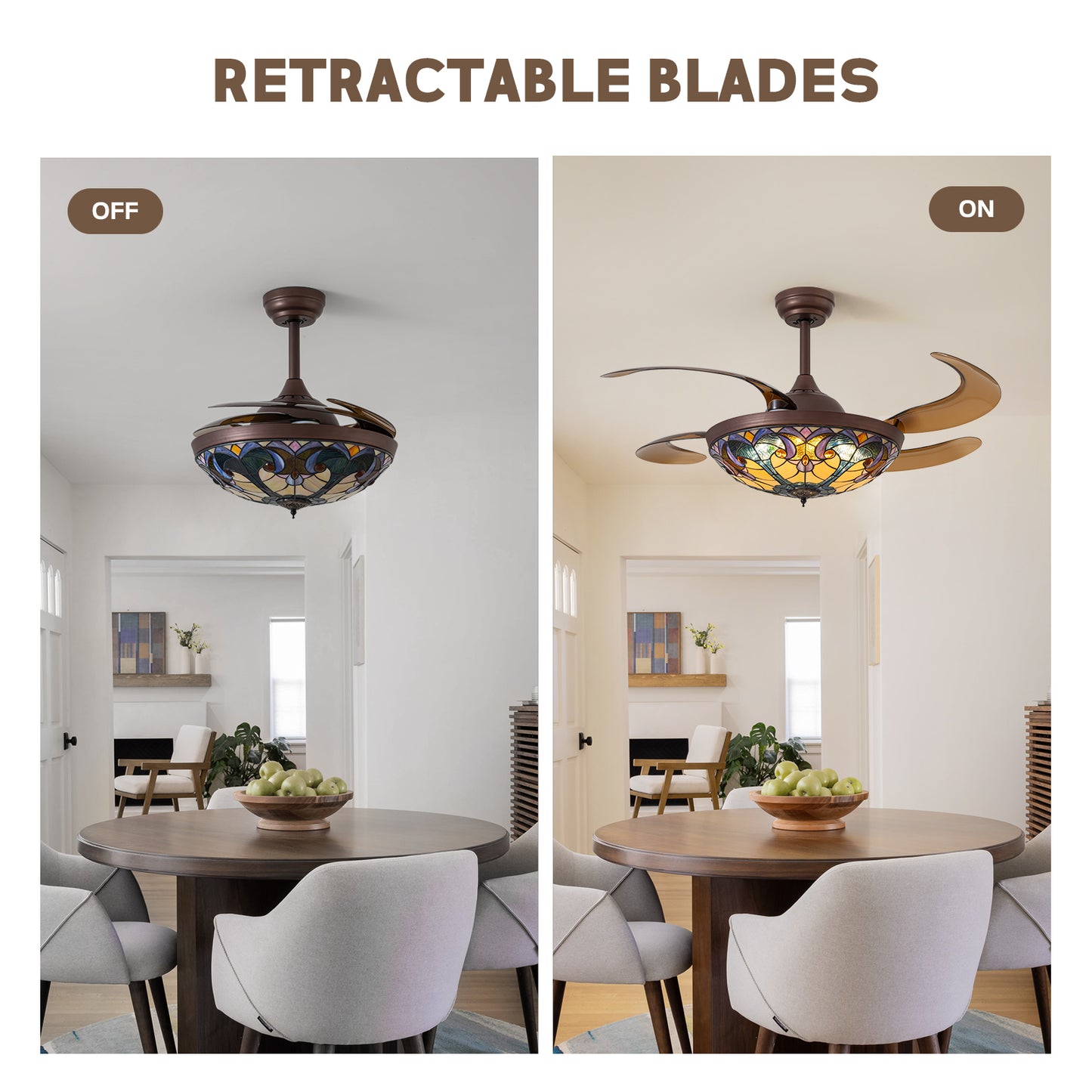 48in Indoor Tiffany Stained Glass Retractable Ceiling Fan Vintage Fandelier with Remote/APP