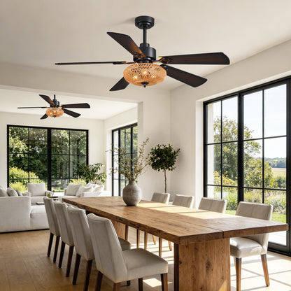 Boho Black Rattan Ceiling Fans with Lights and Remote Control, Farmhouse Caged Rattan Ceiling Fan for Dining Room, Bedroom, Living Room and Patio, Indoor/Outdoor