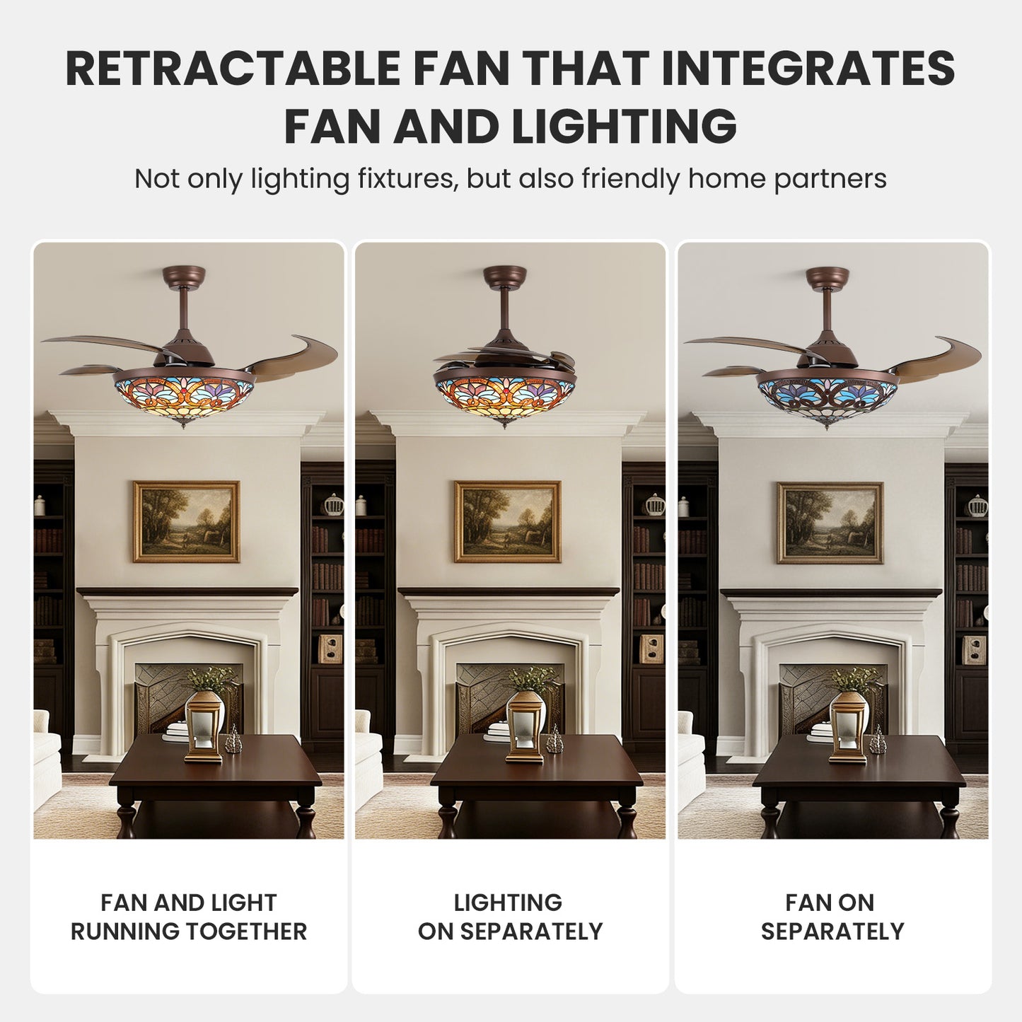 48 in etractable Fandelier Tiffany Ceiling Fan Chandelier with Lights Large Fandelier Stainglass Light Dimmable