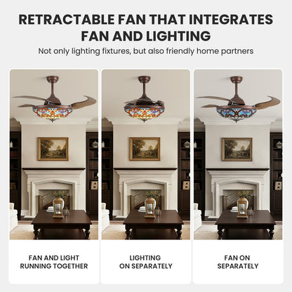 48 in etractable Fandelier Tiffany Ceiling Fan Chandelier with Lights Large Fandelier Stainglass Light Dimmable