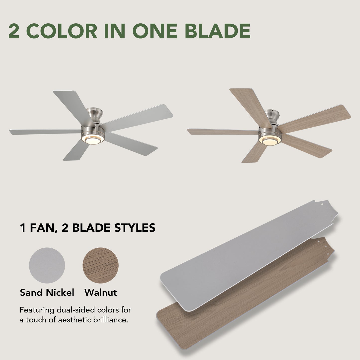 52 in. Smart Indoor Modern Nickel Reversible 5-Blade Low Profile Ceiling Fans with Dimmable Led and Remote Included