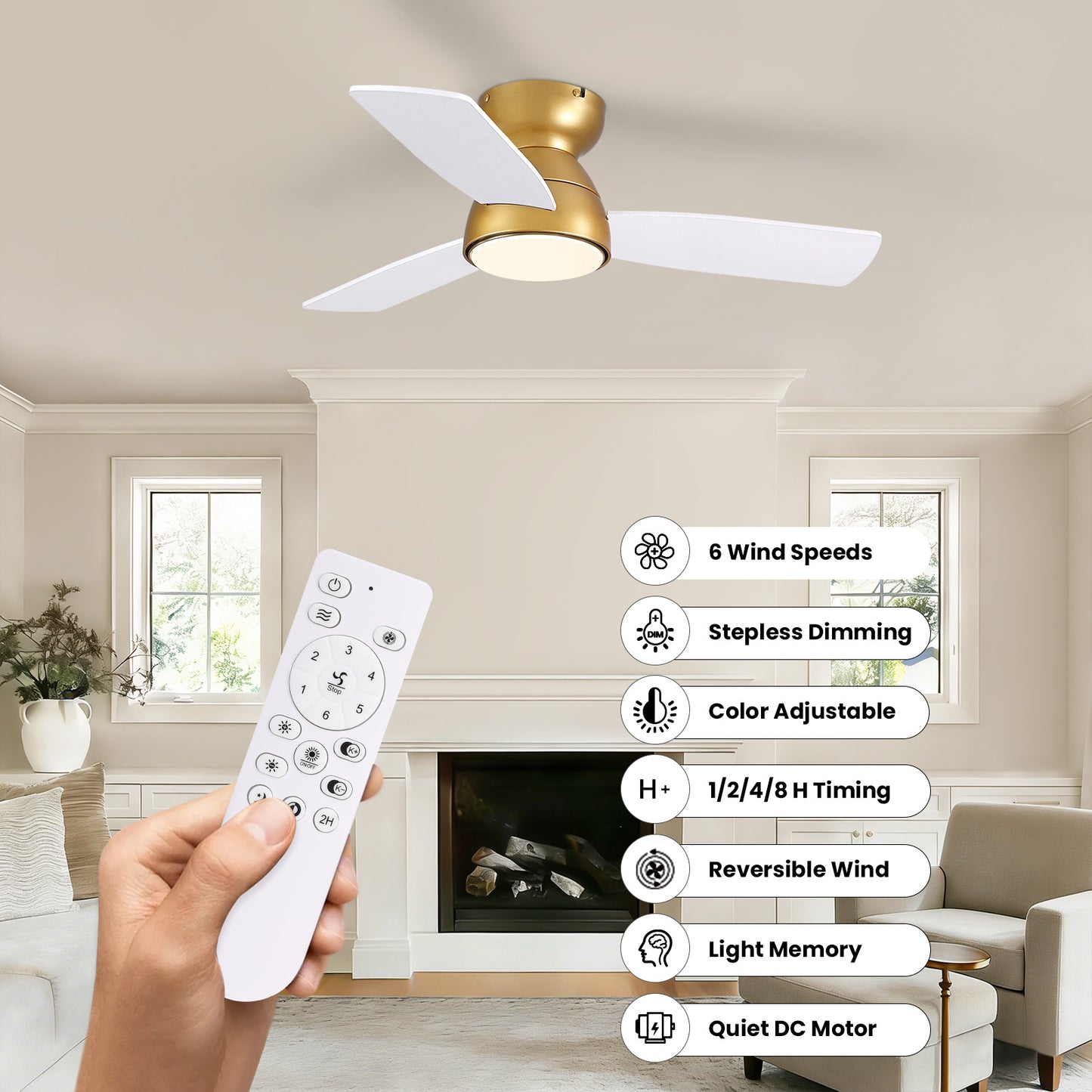 32in Ceiling Fan with Light and Remote/APP Controls, Low Profile Bedroom Fans with Reversible Motor