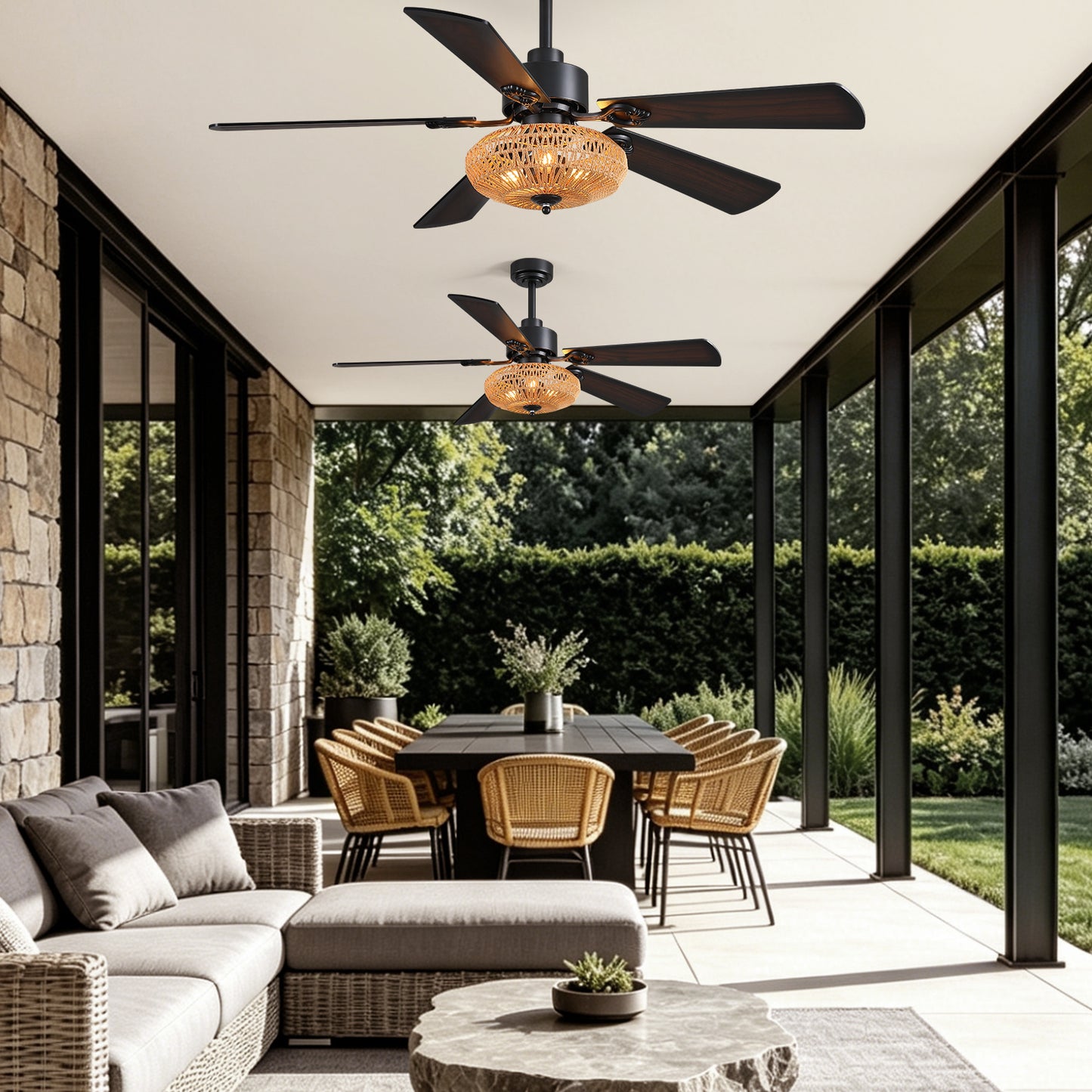 Boho Black Rattan Ceiling Fans with Lights and Remote Control, Farmhouse Caged Rattan Ceiling Fan for Dining Room, Bedroom, Living Room and Patio, Indoor/Outdoor