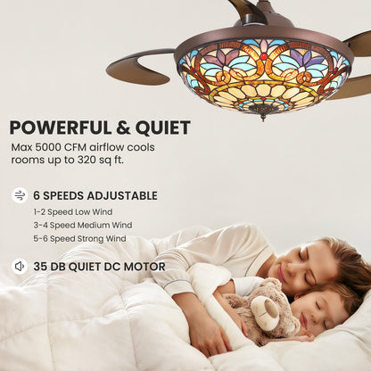 48 in etractable Fandelier Tiffany Ceiling Fan Chandelier with Lights Large Fandelier Stainglass Light Dimmable