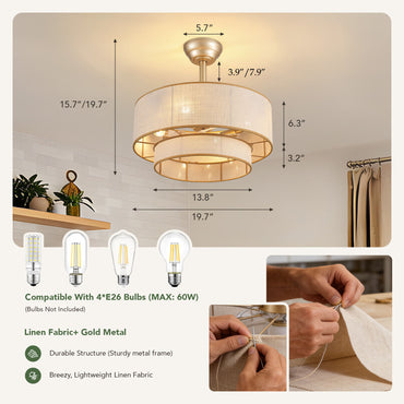 20 in Golden 2-Layer Woven Ceiling Fan Light with Timer and Forward/Reverseand Remote Control (Bulb Not Included)