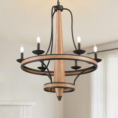 6-Light Vintage Farmhouse Wood-Grain and Black and Brown Iron Round Chandelier for Kitchen Island Pendant Light