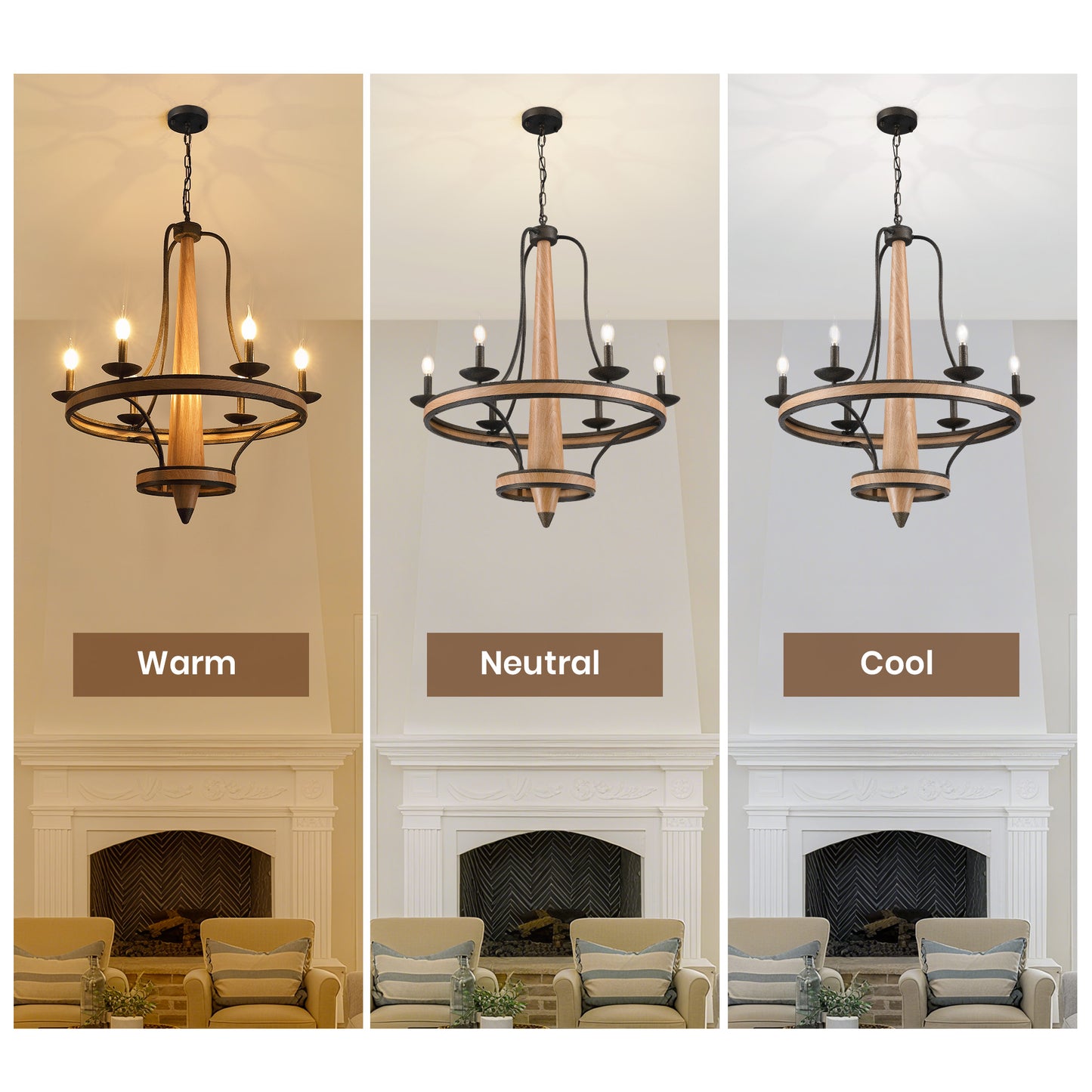 6-Light Vintage Farmhouse Wood-Grain and Black and Brown Iron Round Chandelier for Kitchen Island Pendant Light