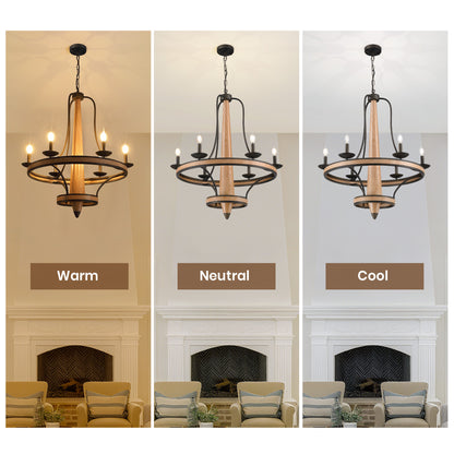 6-Light Vintage Farmhouse Wood-Grain and Black and Brown Iron Round Chandelier for Kitchen Island Pendant Light