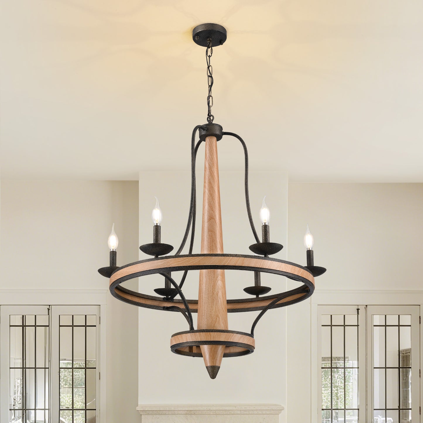 6-Light Vintage Farmhouse Wood-Grain and Black and Brown Iron Round Chandelier for Kitchen Island Pendant Light