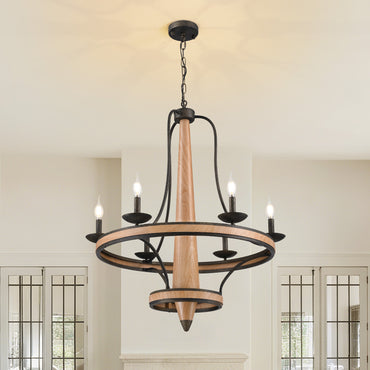 6-Light Vintage Farmhouse Wood-Grain and Black and Brown Iron Round Chandelier for Kitchen Island Pendant Light
