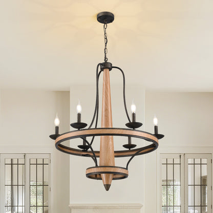 6-Light Vintage Farmhouse Wood-Grain and Black and Brown Iron Round Chandelier for Kitchen Island Pendant Light