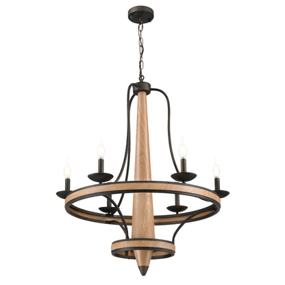 6-Light Vintage Farmhouse Wood-Grain and Black and Brown Iron Round Chandelier for Kitchen Island Pendant Light