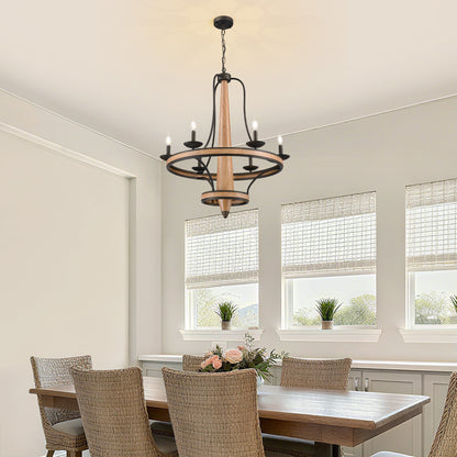 6-Light Vintage Farmhouse Wood-Grain and Black and Brown Iron Round Chandelier for Kitchen Island Pendant Light