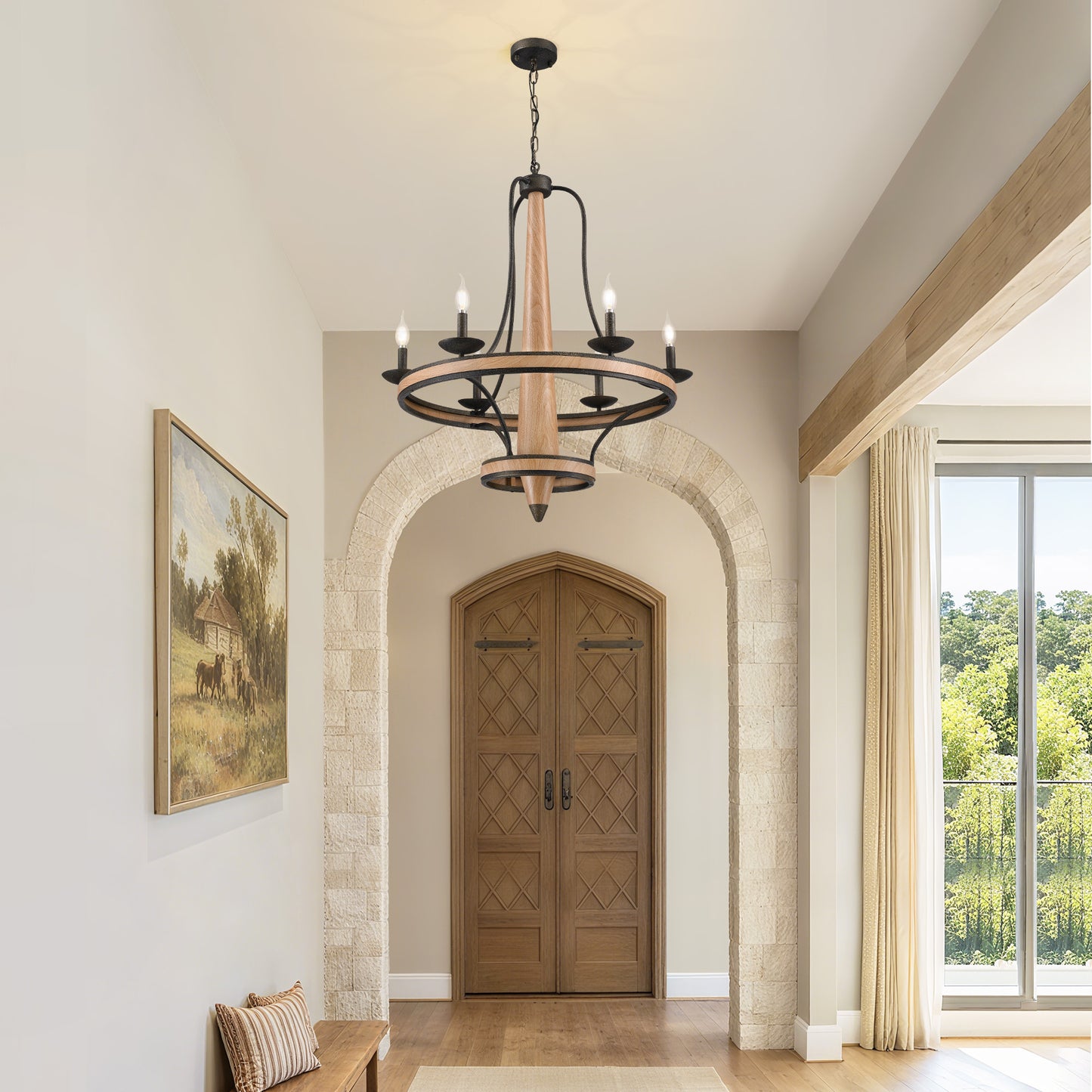 6-Light Vintage Farmhouse Wood-Grain and Black and Brown Iron Round Chandelier for Kitchen Island Pendant Light